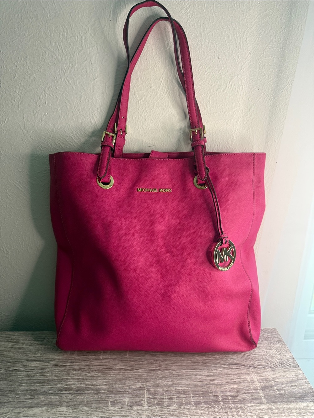 Michael Kors Hot Pink Leather Tote with Gold Hardware